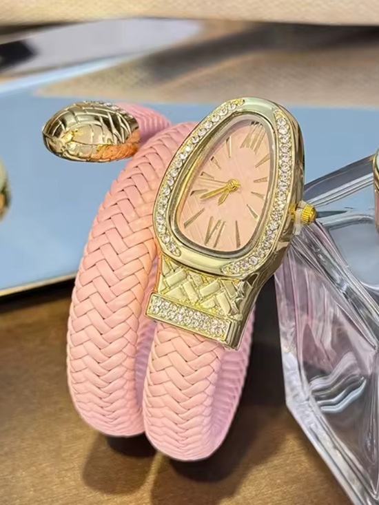 Serpentine Anthropologie Pink Braided Wrap Watch with Gold Crystal-Trim